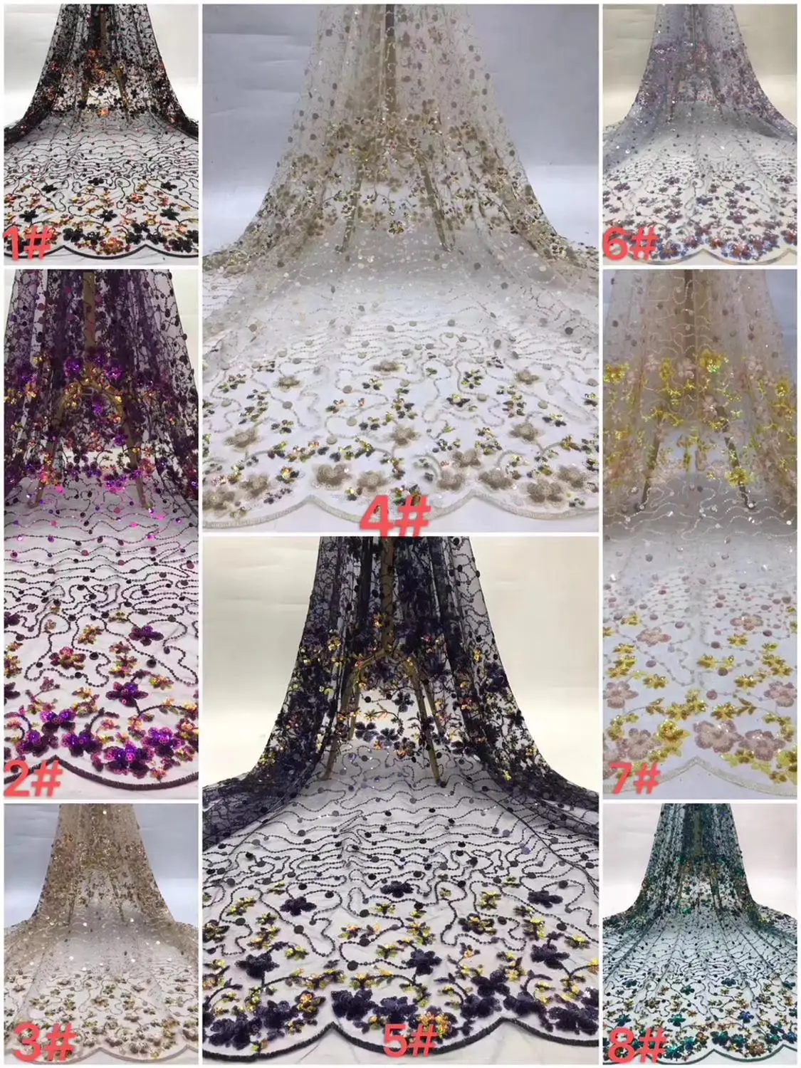 stock  5yards 8765# 8 color option sequin embroidery net mesh lace fabric for sawing evening bridal wedding dress