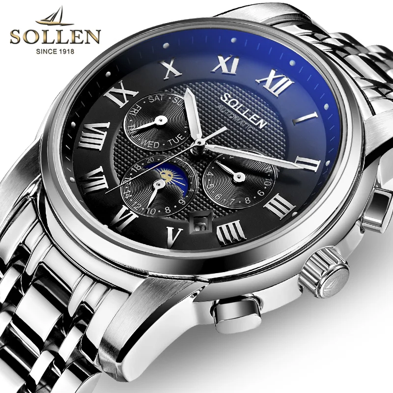 Switzerland SOLLEN Luxury Brand Men's Automatic Mechanical Watches Multi-function Luminous Moon Phase Sapphire Steel Clock SL802