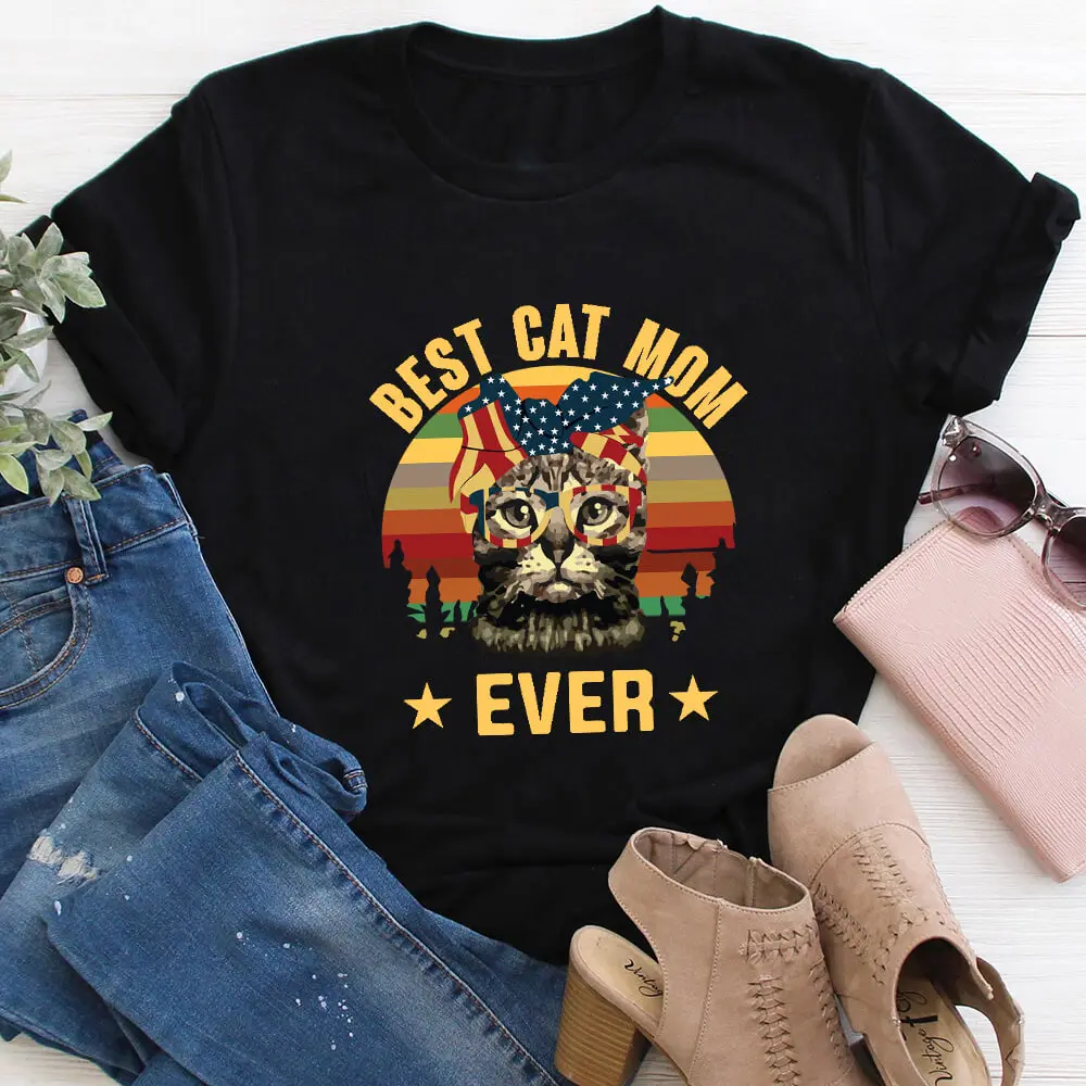 Best Cat Mom Even Colored Print 100%Cotton Women Tshirt 4th Of July Funny Summer Casual O-Neck Short Sleeve Tops Cat Lover Gift