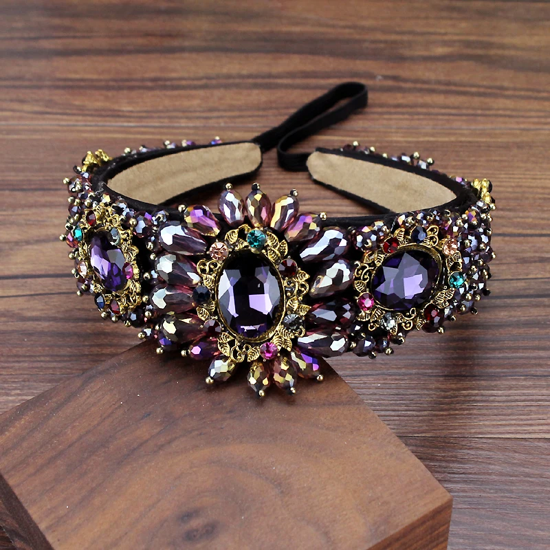 Wide Vintage Sparkly Purple Black Crystal Beaded Hairbands Flower Rhinestone Wedding Tiara Headbands For Bride Hair Jewelry