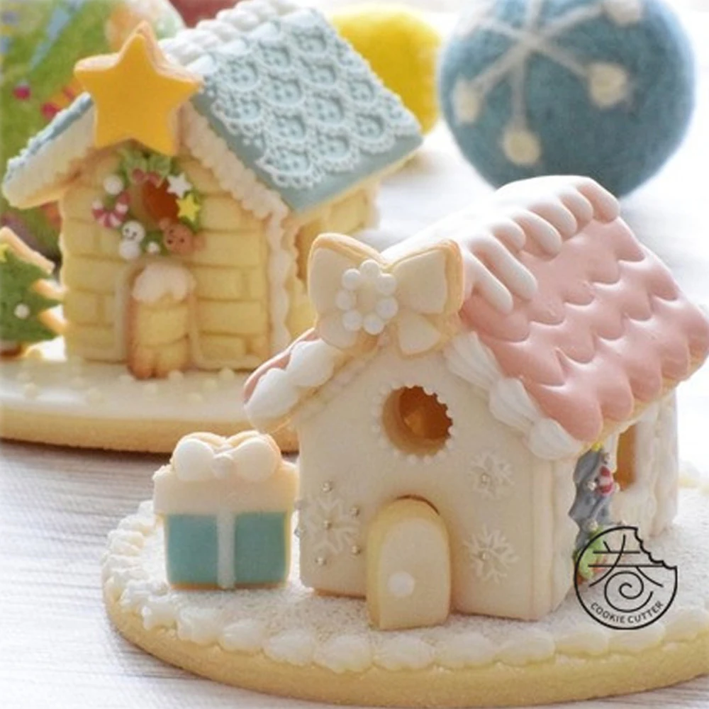 Christmas Gingerbread House Mould DIY Biscuit Mold Plastic Cookie Cutter Fondant Cutter Pastry Cake Sugar Craft Baking Tools