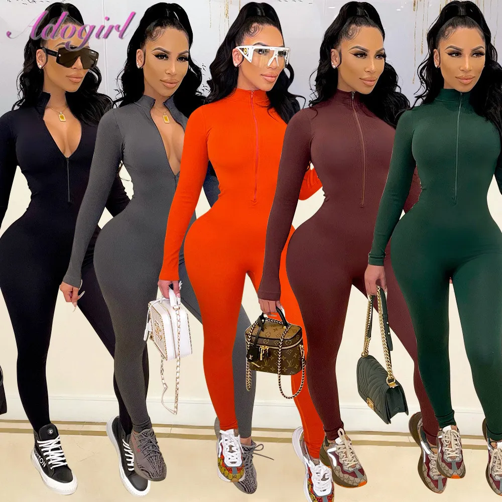 Fitness Sportwear Rompers Solid Long Sleeve V Neck Workout Skinny Jumpsuit Women Casual One Piece Active Outfit Rompers Overalls