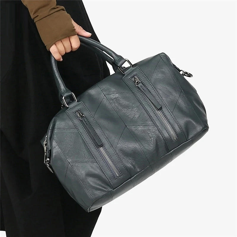 Vrouwen Echt Lederen Handtas Vrouwelijke Tas Toevallige Stevige Dubbele Rits Grote Capaciteit Schouder Crossbody Totes Lady Top-Handvat Tassen