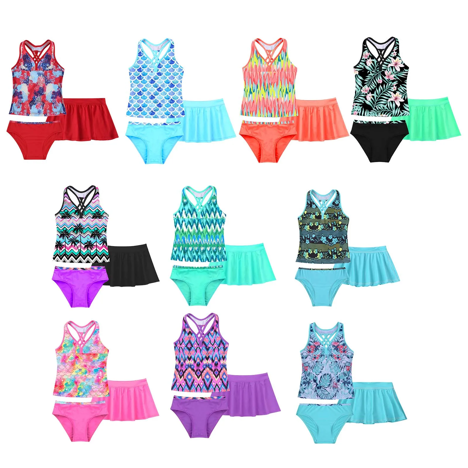 Kids Girls Child Swimsuit Beachwear Outfits V Neck Sleeveless Top with Briefs and Skirt Set Beach Bikini Swimwear Bathing Suits