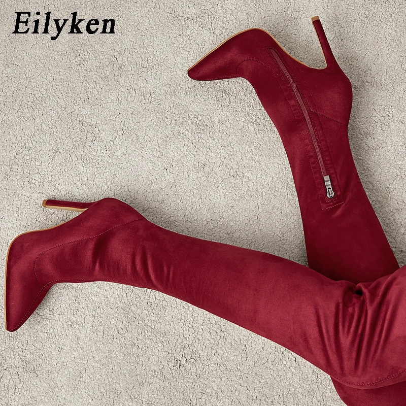 Eilyken moda punta a punta tacchi sottili donna sopra il ginocchio stivali Sexy floccato coscia alta stivaletti lunghi autunno inverno scarpe