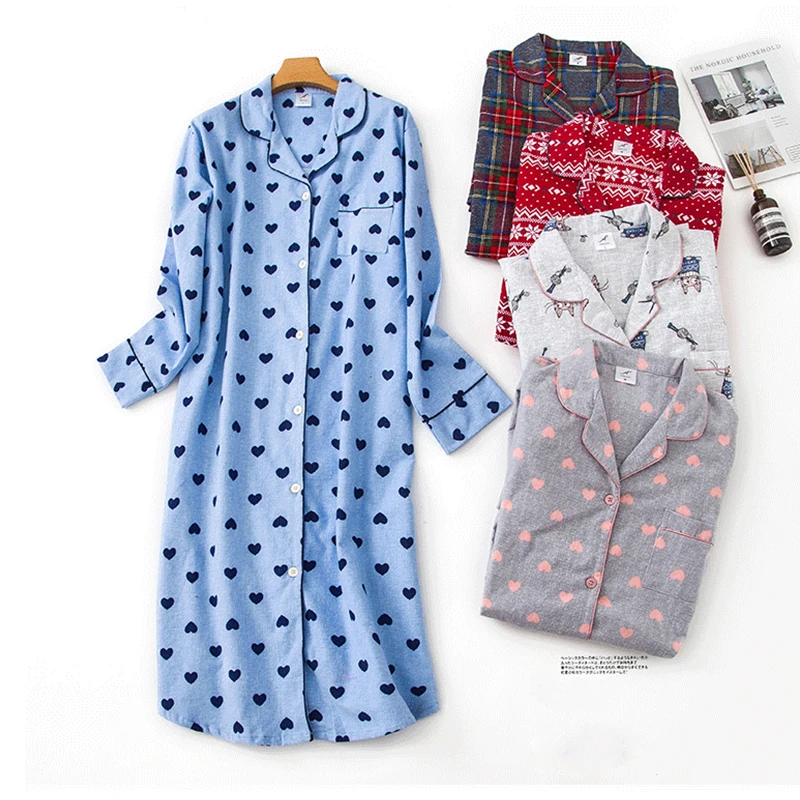 Nightgown Pyjamas Women\'s Sleepwear Lady Cotton Long Nightdress Plaid Cartoon Pyjamas Loungewear Nightwear With Pocketed