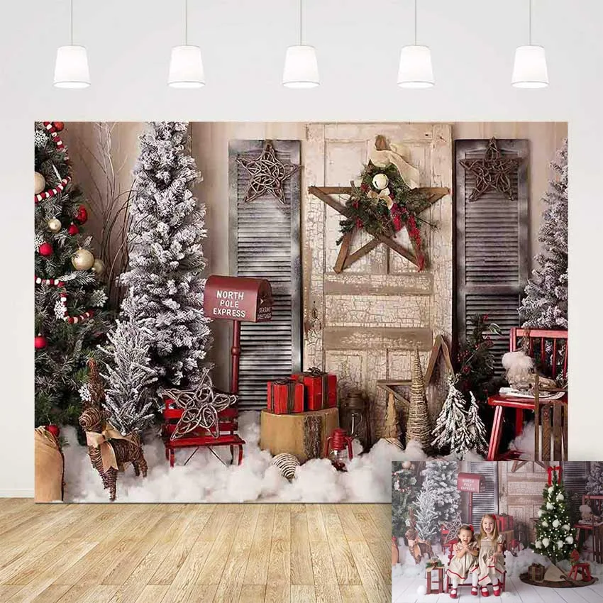 Photography backdrop Christmas retro vintage wood wall door background for photo studio Christmas tree mailbox photocall prop