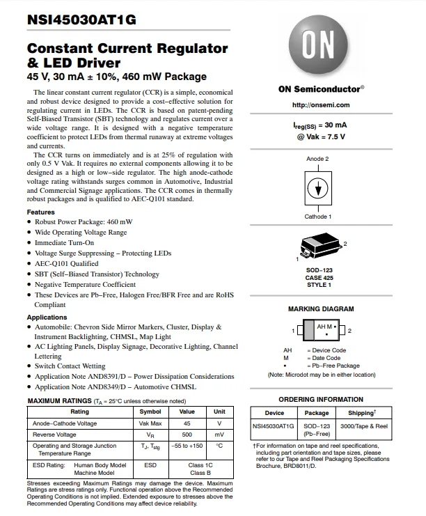 3000PCS NSI45030 NSI45030AT1G 45V 30mA SOD-123 CRD REGULATIVE DIODE Constant Current Regulator & LED Driver