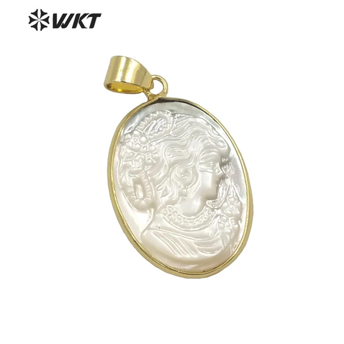 

WT-JP267 Wholesale Fashion Gold Bezel Handcarved Natural Shell The Beauty Pendant Charming Elegant Lady Jewelry ACC