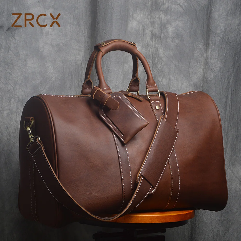 ZRCX Vintage Men's Hand Luggage Bag Travel Bag Genuine Leather Large Capacity Single Shoulder Messenger For 14 Inch Laptop