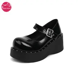 Zeppe da donna tacco Goth Mary Janes scarpe con plateau punta tonda fibbia cinturino alla caviglia abito in pelle verniciata pompe Comfort School Cosplay