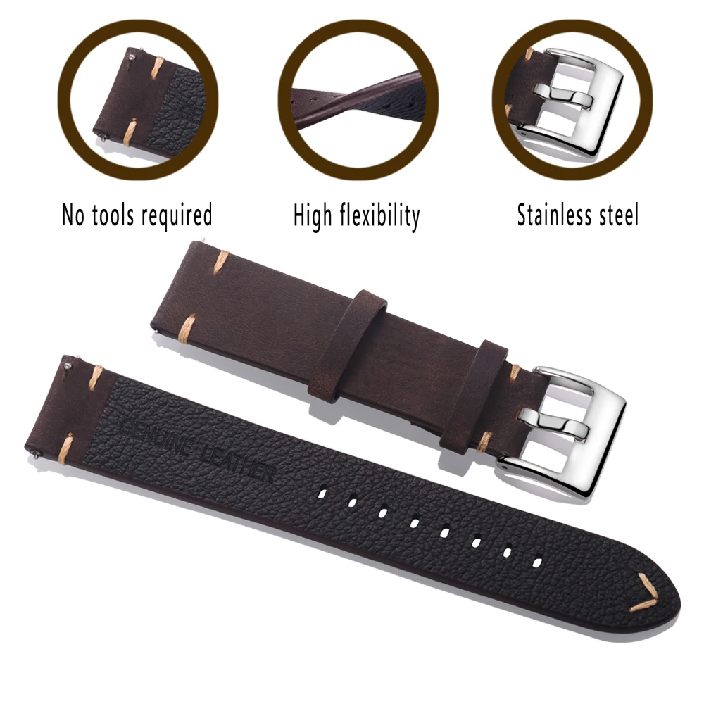 Hemsut Quick Release Leather Watch Bands Calf Handmade Vintage Brown Leather Watch Strap 18mm 20mm 22mm