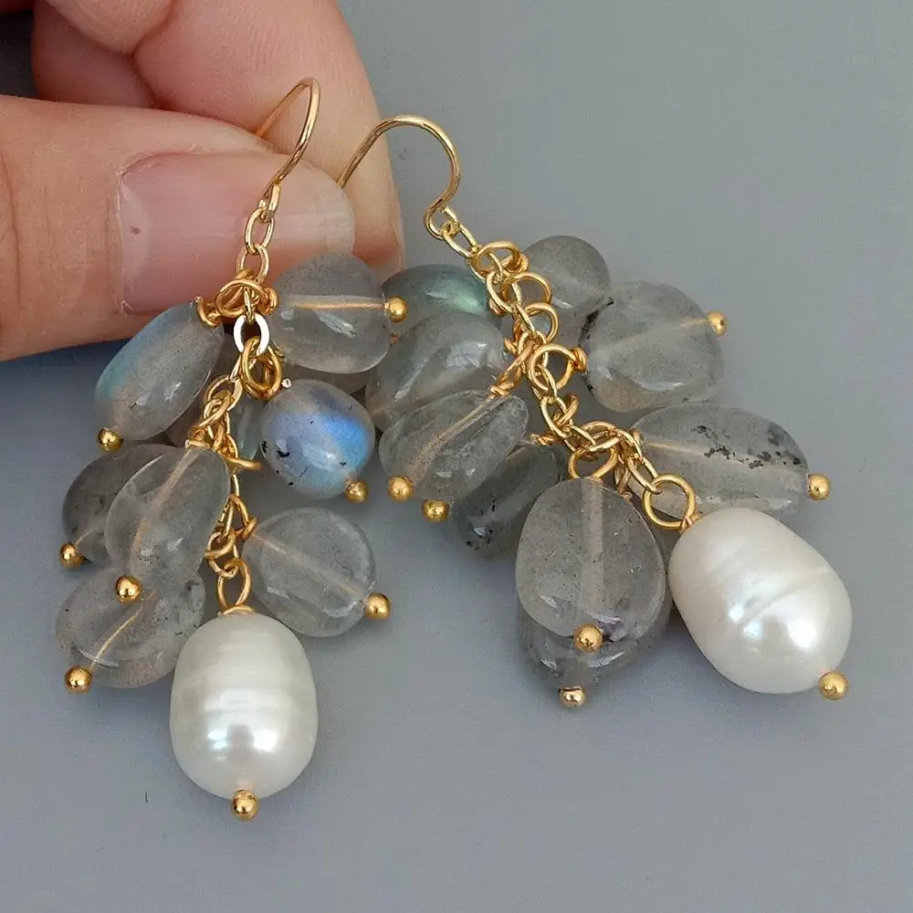 

KKGEM 8-10mm Natural Labradorite Freeform Cultured White Rice Pearl Dangle Hook Earrings handmade for women