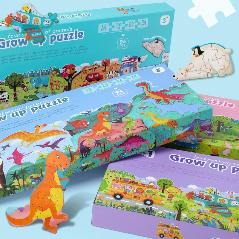 

94 pcs 4-in-1 Separable Kids Wooden Grow Up Puzzle Cartoon Animal Jigsaw Educational Learning Toys for Children