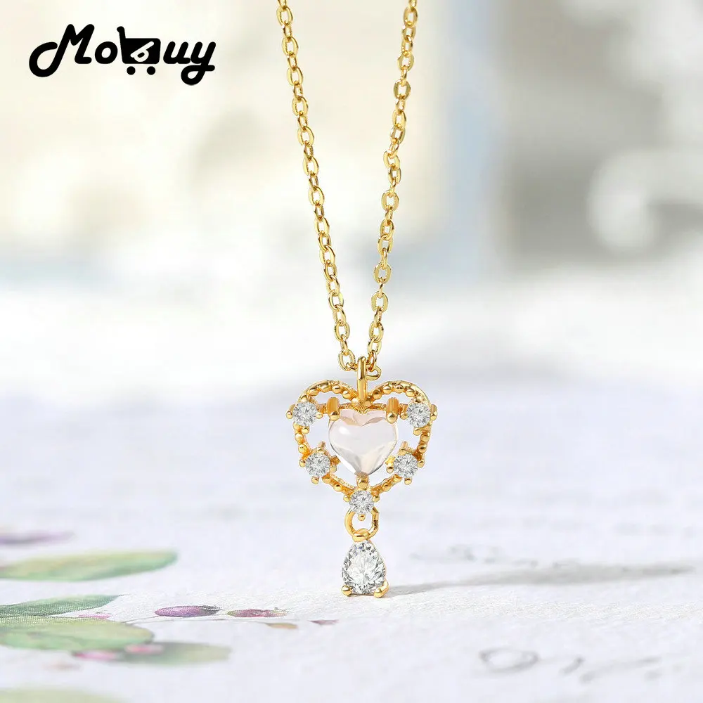 MoBuy ViVi Sweet Heart 925 Sterling Silver Necklace For Women Natural Rose Quartz Pendant AAA+ CZ 14K Gold Plated Fine Jewelry