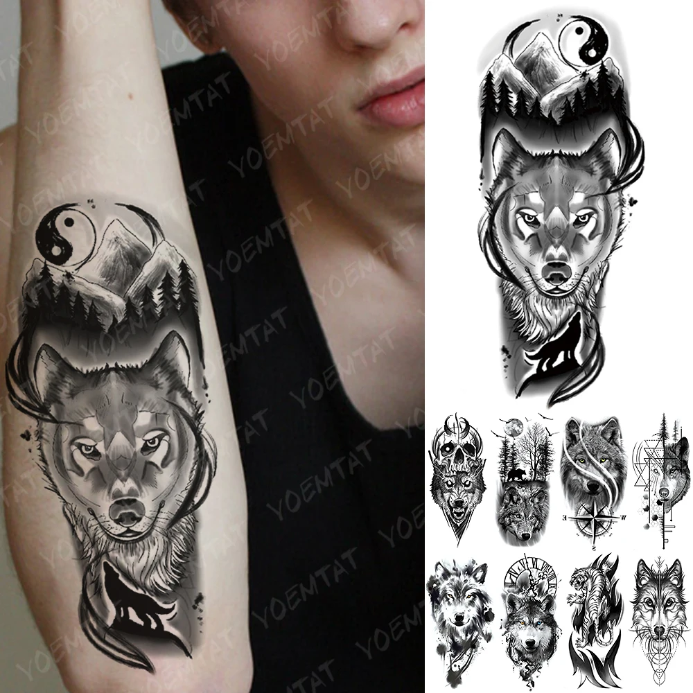 

Waterproof Temporary Tattoo Sticker Tiger Wolf Mountain Flash Tattoos Yin And Yang Body Art Arm Fake Sleeve Tatoo Women Men