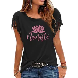 2021 New Fashion Namaste Flower Print Shirt Harajuku Vegan Plant Lover Gift Off Cotton Tassel Short Sleeve O-neck Casual T-Shirt