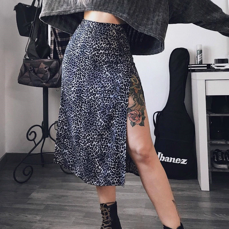 Fashion Musim Panas Leopard Rok Wanita High Waist Split Midi Rok Elegan Wanita Malam Pesta Club Streetwear