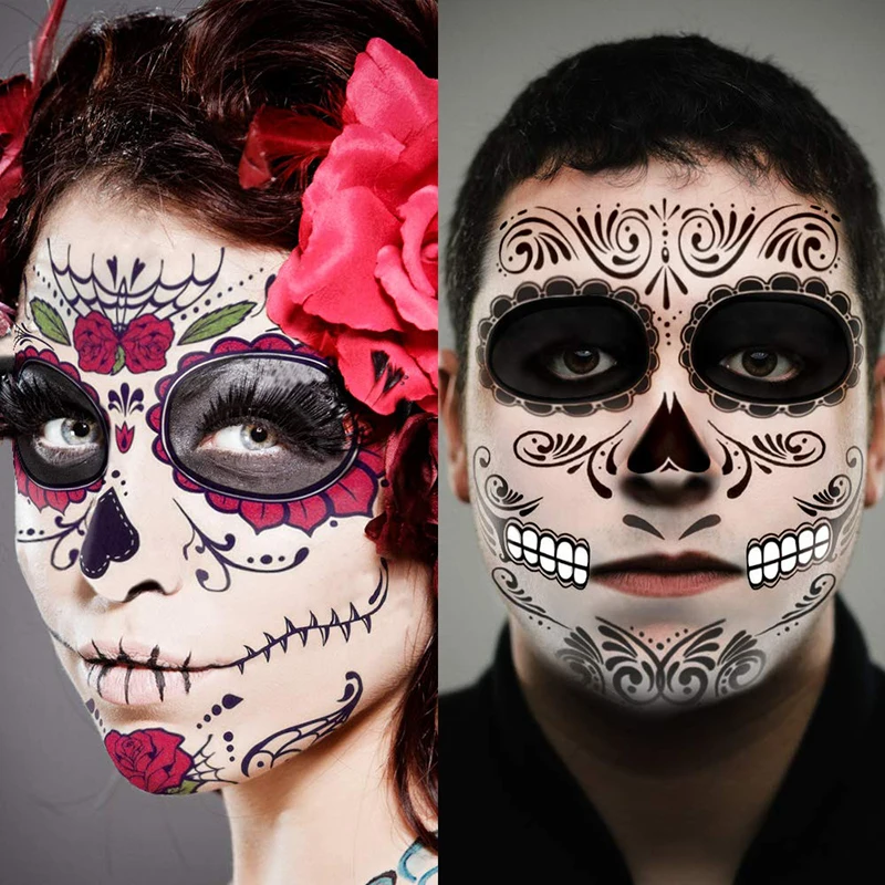 Halloween Temporary Face Tattoos, 1 Sheets Floral Day of the Dead Sugar Skull Face Tattoo Kit Halloween Tattoos