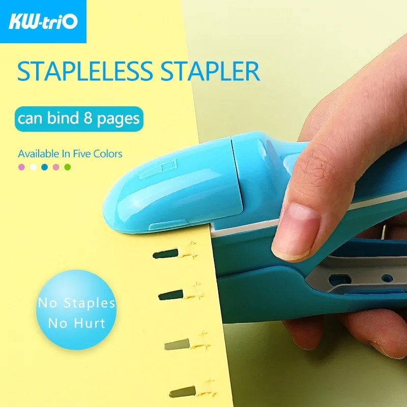 Kw-trio Stapler Tanpa Kawat Stapler Kertas Aman Stapler Plastik Portabel Tanpa Staples Ikat 8 Lembar Kertas Perlengkapan Kantor