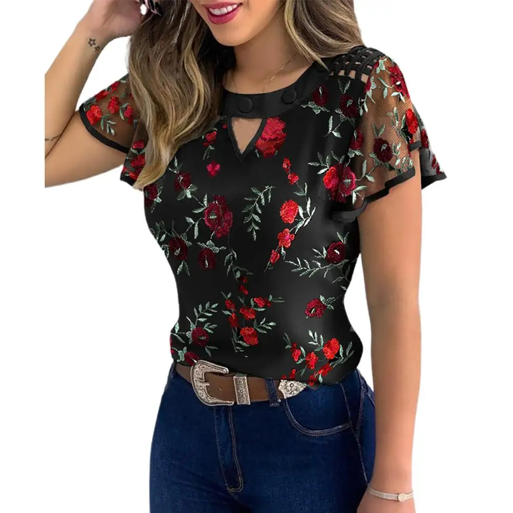 Women Hollow Out Ruffled Sleeve Marguerite Floral Embroidered Shirt T-shirt Top Women clothing женские футболки 2021