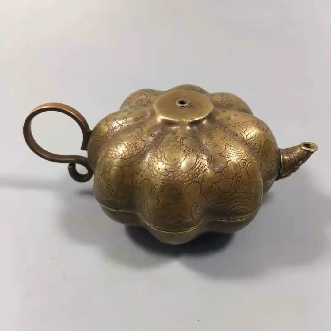 

Chinese Style Pure Brass Pumpkin Inkstone Dripping Kettle Calligraphy Supplies Fengshui Decoration
