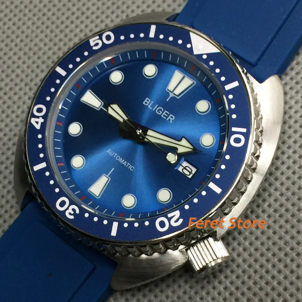 

BLIGER 45mm Blue Self Winding Men Watch Green Luminous 24 Jewels NH35A Screwdown Crown Rubber Band Unidirectional Bezel Date