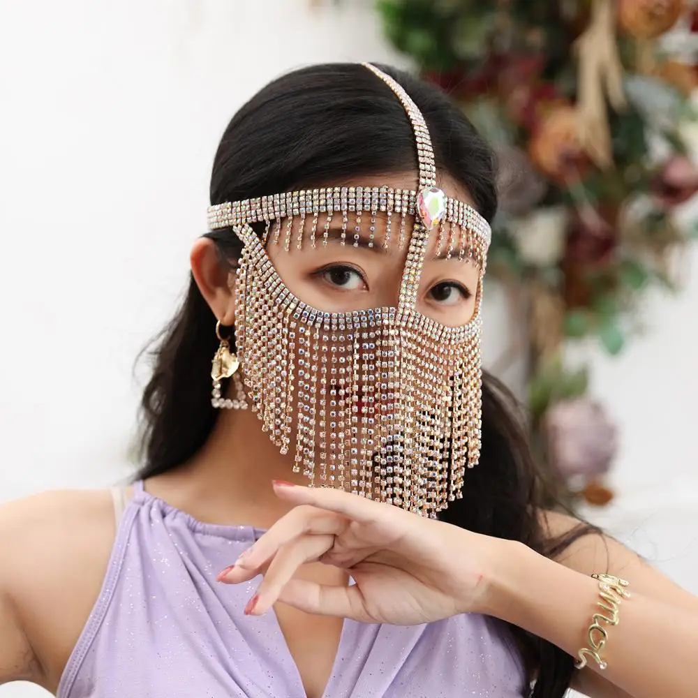 Rhinestones Belly Dance Face Veil Women Jewelry Mask Face Cover Oriental Dance Costume Accessories