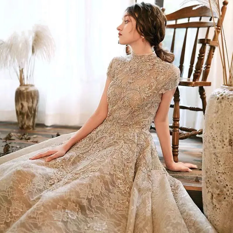 Luxury Khaki Lace Evening Dresses High Collar Cap Sleeves High Low A-Line Beads Formal Party Ceremony Celebrities Prom Gown New