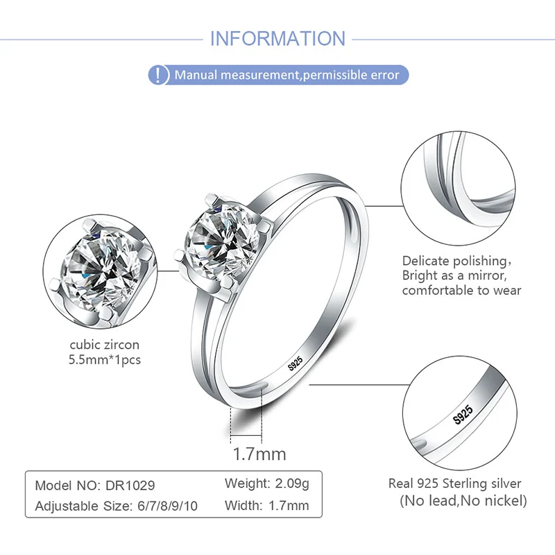 CLUCI Real Silver 925 Zircon Women Wedding Ring Jewelry Classic Four Flaw Ring for Women Engagement Jewelry DR1029SB