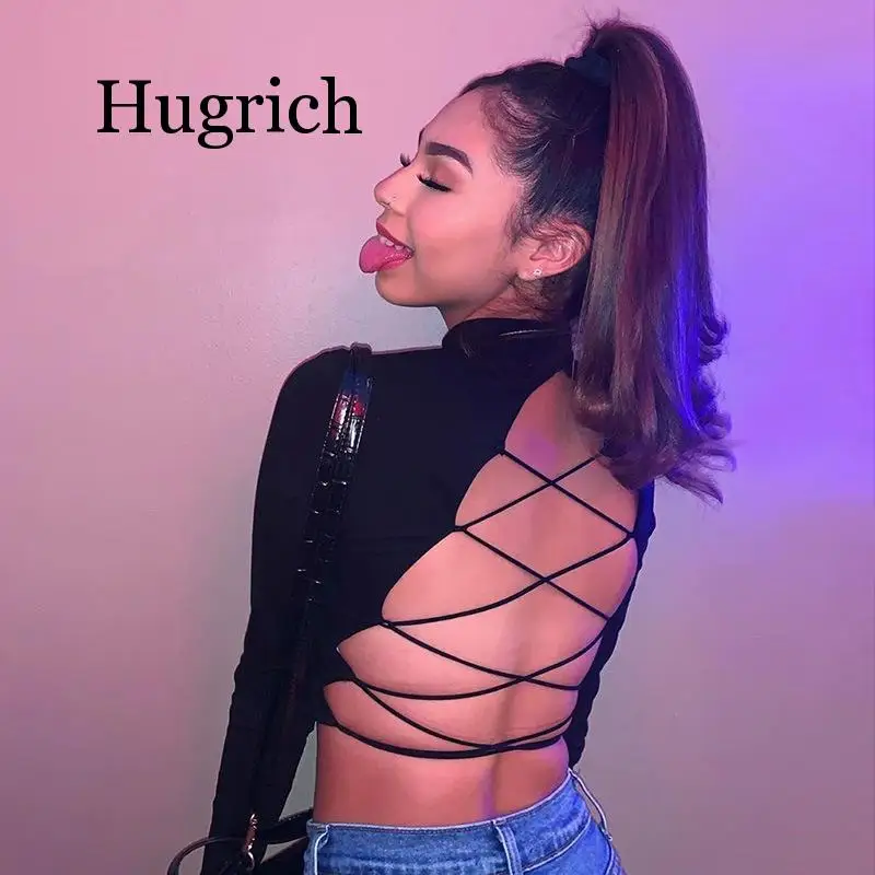 

Sensual back hollow out Bandage slim fit crop top Women 2020 hot casual turtleneck harajuku streetwear t-shirt top