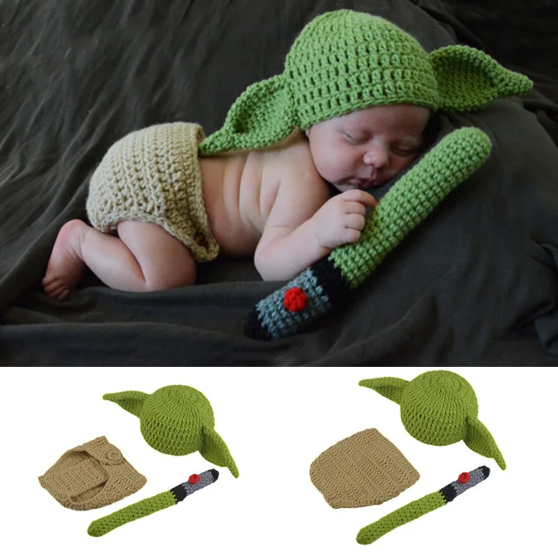 Lovely Yoda Design Newborn Photography Costume Crochet Knit Baby Fotografia Props Outfit Infant Boy Hat with Diaper Cover