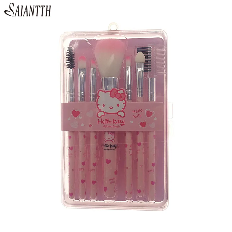 kitty 7pcs cute handle makeup brushes set pink kids make up foundation blush eyeshadow lip eyebrow eyelashes kit with clear box