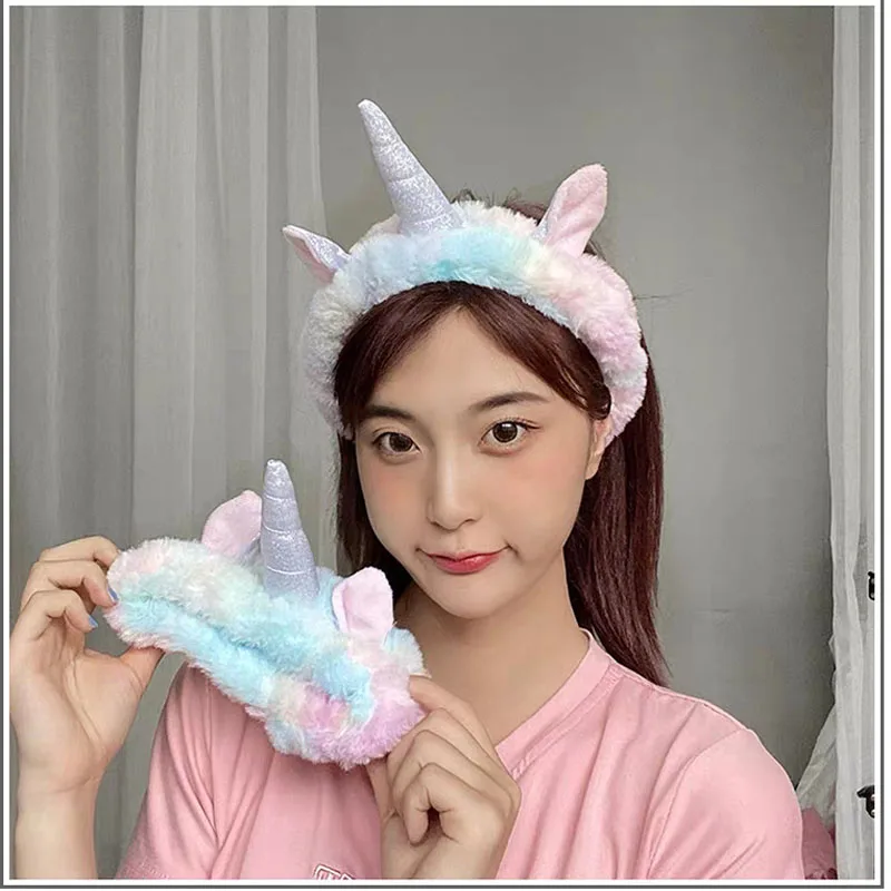 Unicorn Plush Headband for Women Tie Dry Hair Band Cute Mask Elastic Soft Hair Band Washing Hair Hoops Kawaii Headband for Women