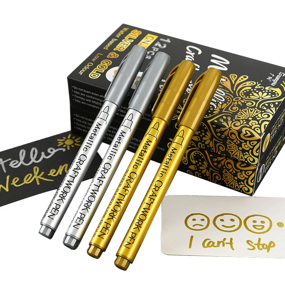 12Pcs DIY Metallic กันน้ำถาวร Marker ปากกา Gold และ Silver สำหรับวาดนักเรียนอุปกรณ์ Marker Craftwork Pen