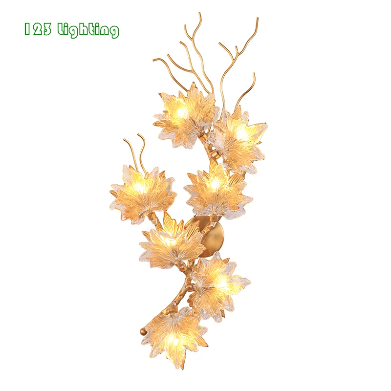 

Romantic Flower Wall lamp Living room Bedroom Wall Sconce Hotel Hall Wall light Clear Glass Golden Metal G4 LED Bulb Loft Deco