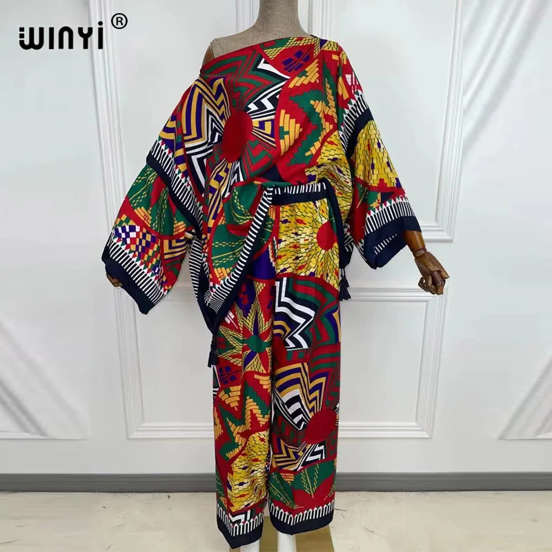 WINYI two-piece suit Bohemian Printed Over Size one-neck Batwing Sleeve Dress Women Elastic Silk Floor Length New Fashion Tide