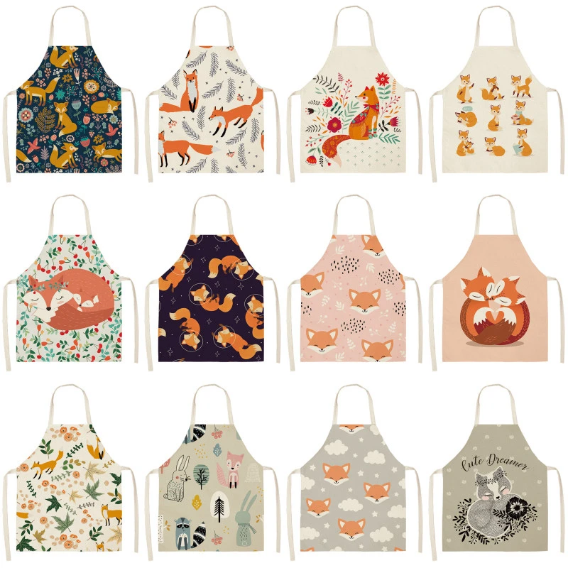 Cute Fox Printed Kitchen Women Aprons Animal Home Cooking Tail Bib 68-55cm Pinafore Kitchen Apron Women Apron For Kids