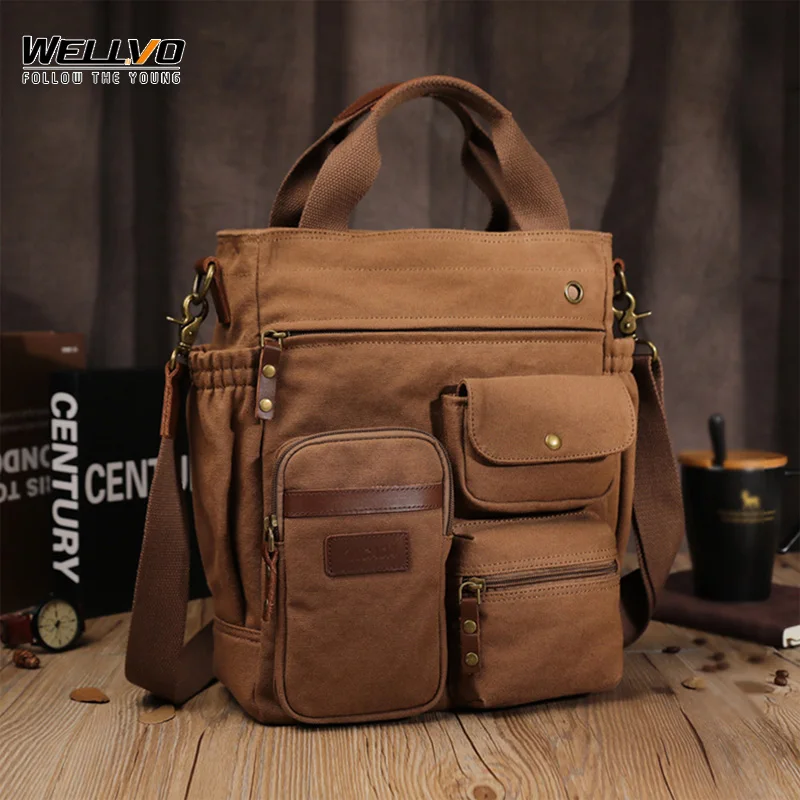 Business Men Canvas Handbag Casual Large Crossbody Shoulder Bag Vintage Tote Male Office Handbags Retro Brown Satchel Bags XA74C