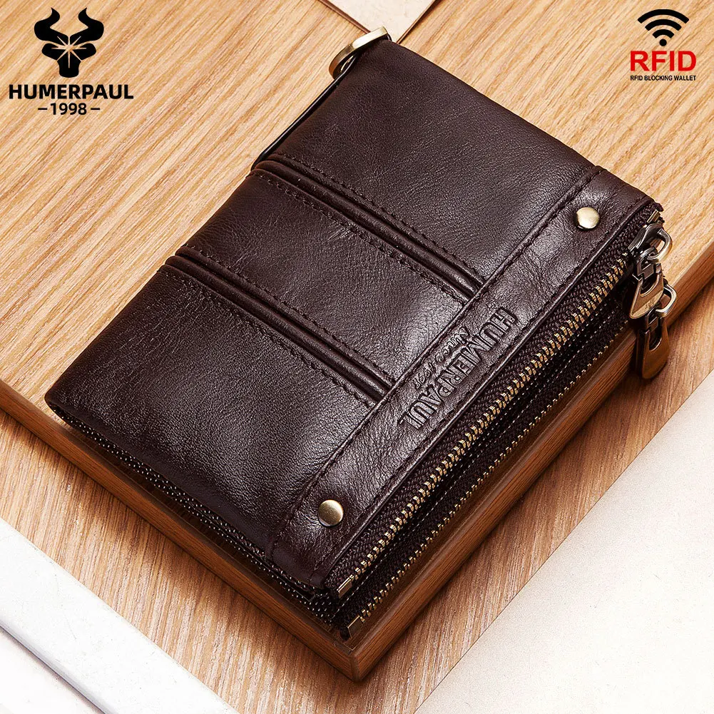 

New Autumn RFID Antimagnetic Wallet Real Cowhide Men's Multifunctional Double Zipper European and American Coin Purse