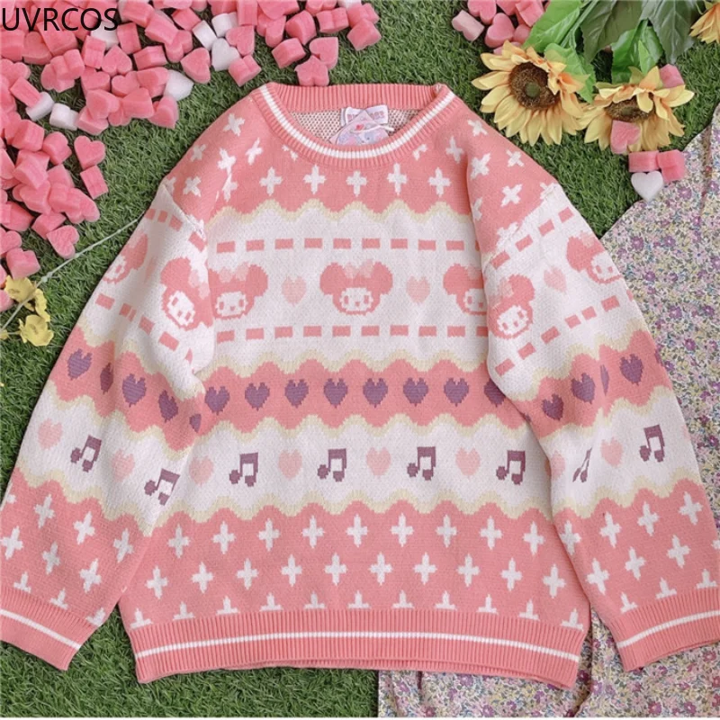 Japanese Sweet Lolita Knitted Pullovers Girls Long Sleeve Strawberry Bear Knit Sweater Autumn Winter Women Pink Warm Jumper Tops