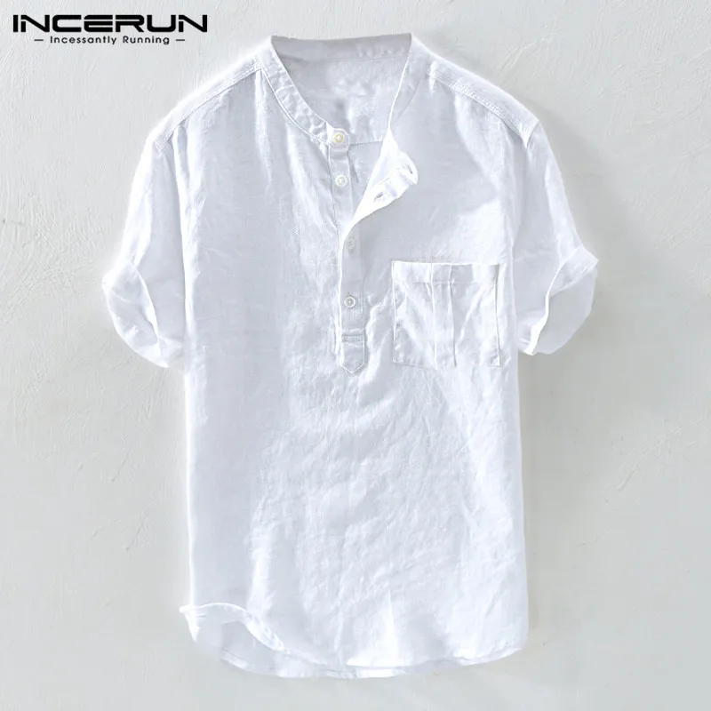 INCERUN Summer Casual Men Shirts Stand Collar Solid Cotton Blouse Short Sleeve Streetwear Brand Shirts Harajuku Camisas Hombre