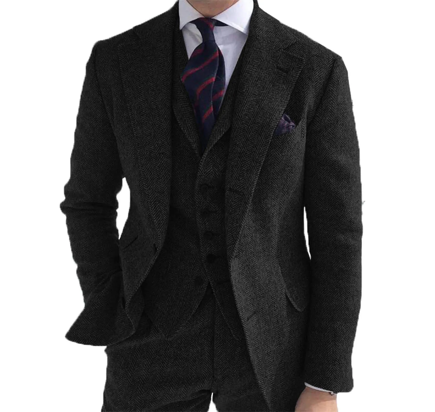 is dos homens 3 peças ternos de lã verde retro clássico padrão espinha de peixe noivo tweed smoking para casamento (blazer + calças + colete)