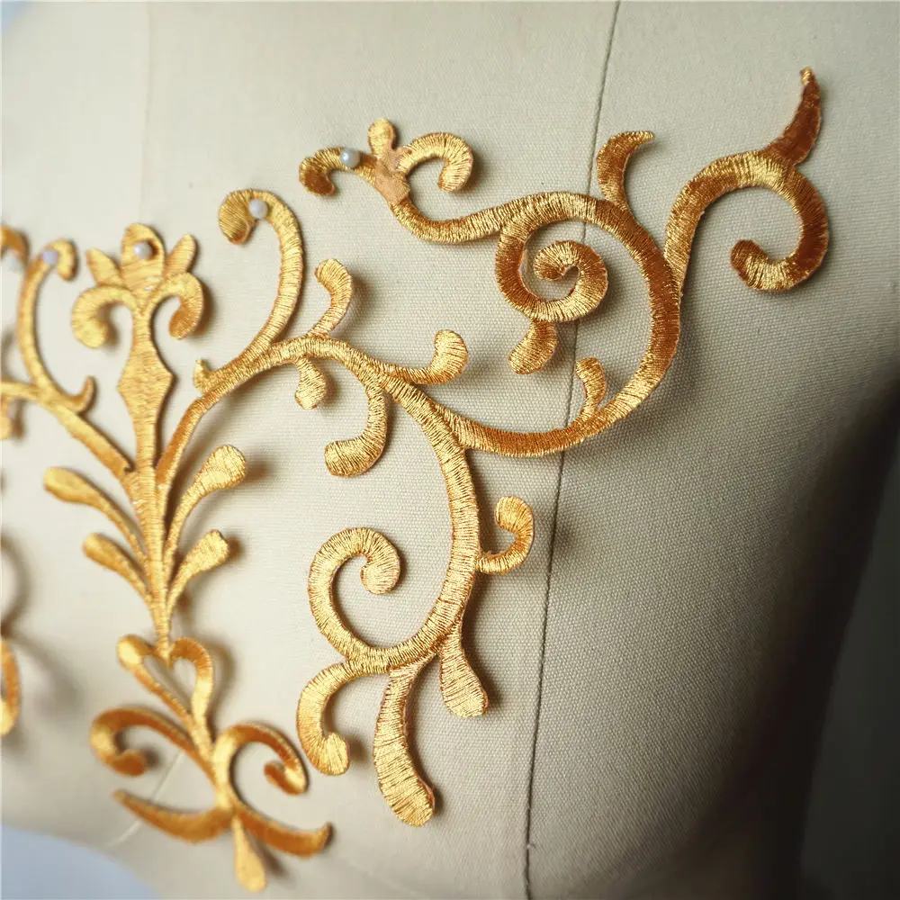 Gold Baroque Appliques Embroidered Gown Fabric Collar Sew Iron On Patches For Wedding Decoration Dress DIY