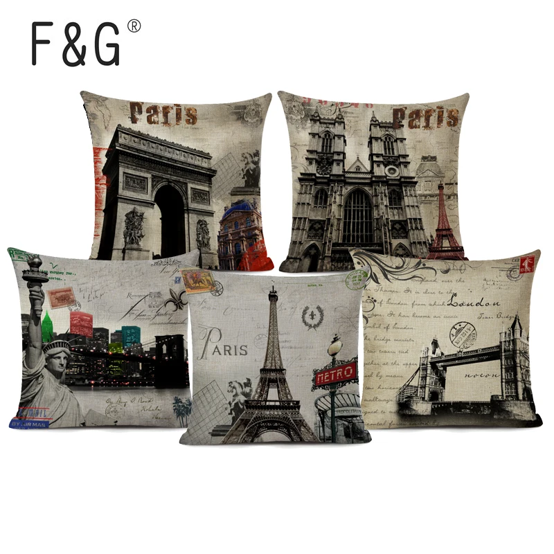 Retro architecture Cushion Cover Vintage Eiffel Tower Pillow case Car Seat Linen Home Decor London Eye Pillow Cover