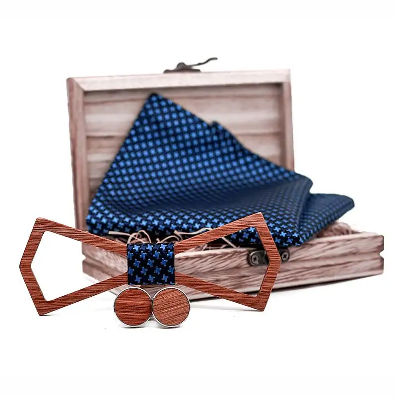 

New Arrival Wood Bowtie+Handkerchief+Cufflinks Sets Marriage Groom Wooden Bow Tie Wedding Christmas Neck Ties