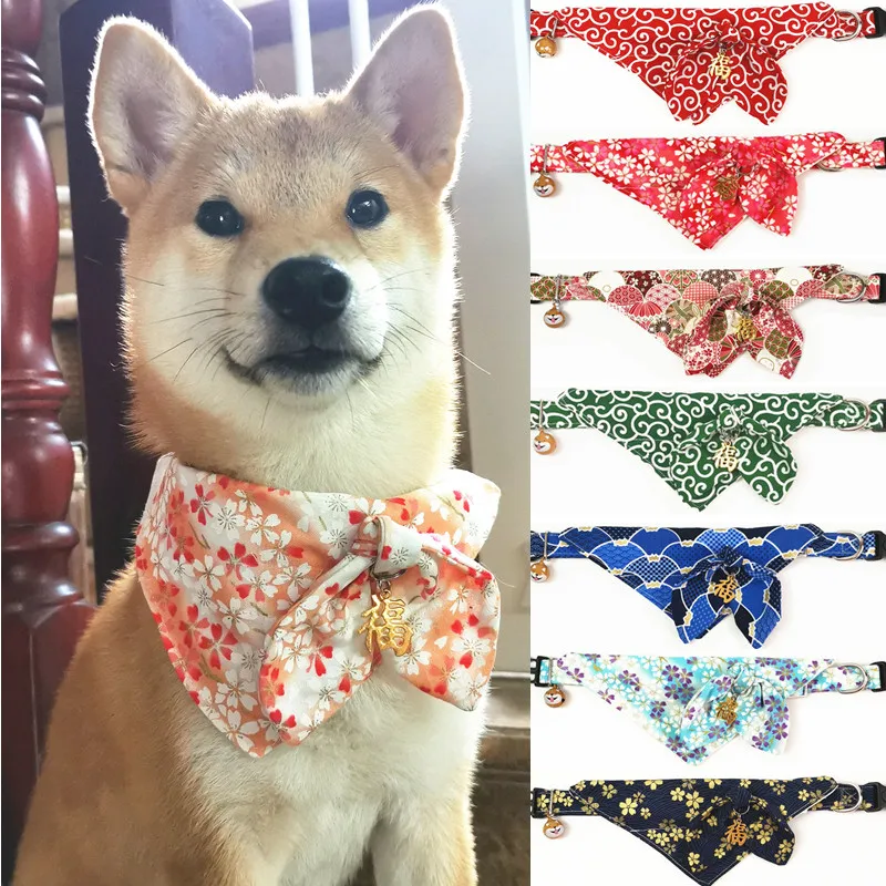 Japanese Style Pet Dog Bibs Cherry Blossom Triangle Scarf Adjustable Bow Ties Collar Necktie For Small Medium Dog Pet Supplies