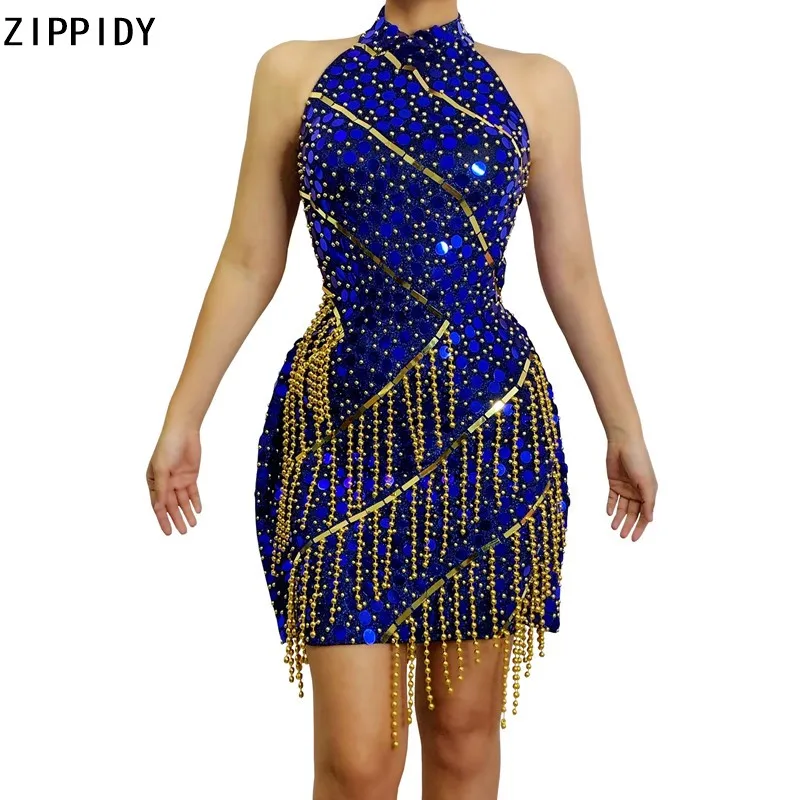 Beaded Fringe Sparkly Full Blue Gold Sequin Dress Prom Evening Birthday Celebrate Outfit Female Singer Show mini Dress