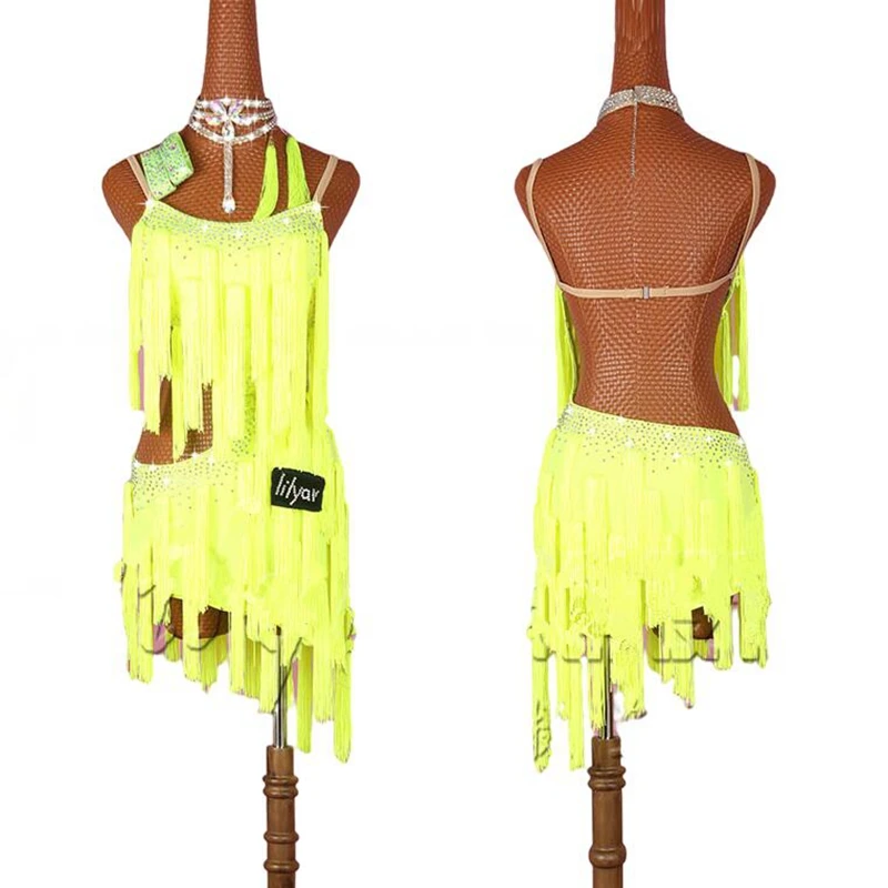 Latin Dance Dress Women Competition Fringe Dance Dress Adult Customize Children Fluorescent Yellow Tassel Slant Latin Dresses