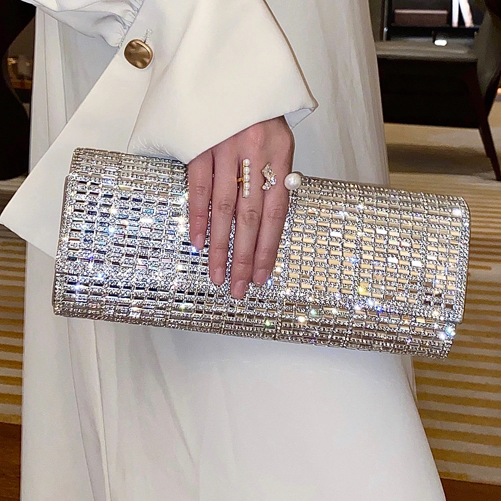 Bolso de mano y Bolso de mano con diamantes de imitación para mujer, Bolso de noche para fiesta, bolso de mano de lujo para boda, Bolso de hombro femenino